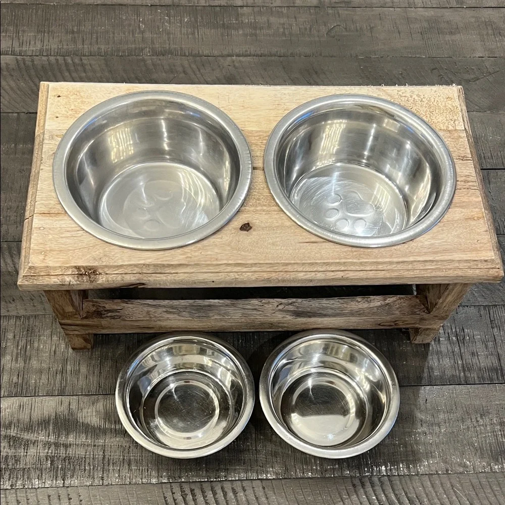 Stainless Steel Pet Feeding Bowls with Wooden Stand